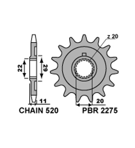 PIGNON PBR 14 DENTS ACIER STANDARD PAS 5